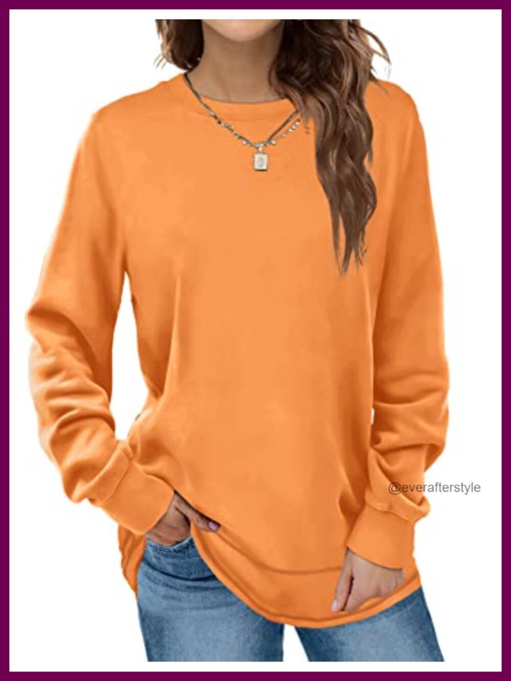 Crewneck Long Sleeve Tunic Sweatshirt Curved Hem Casual Pullover